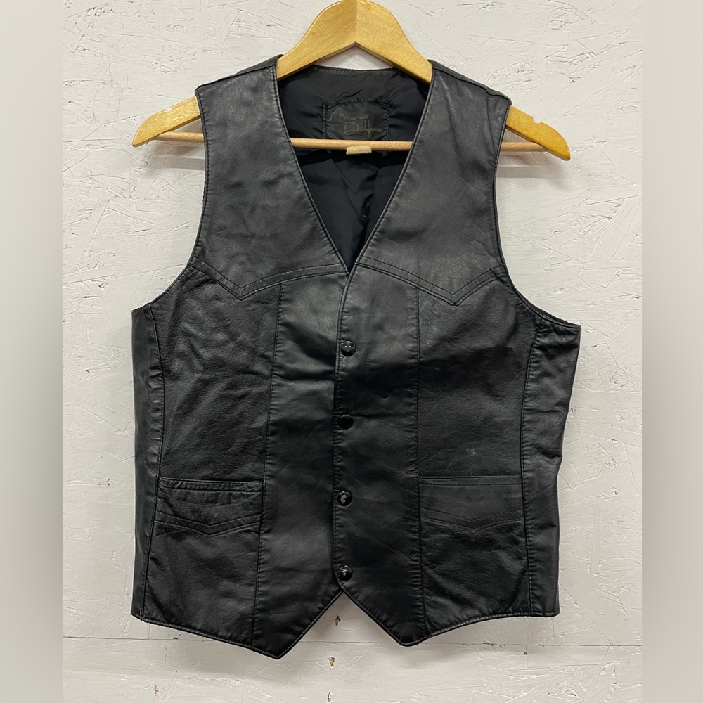 Vintage Mario Delfino Black Leather Vest, Size 40/Fits M